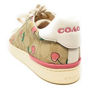 COACH Women's Clip Low Top Sneakers (Signature Canvas - Heart Cherry Print - Khaki/Pink, us_Footwear_Size_System, Adult, Women, Numeric, Medium, Numeric_9)