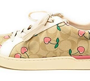 COACH Women's Clip Low Top Sneakers (Signature Canvas - Heart Cherry Print - Khaki/Pink, us_Footwear_Size_System, Adult, Women, Numeric, Medium, Numeric_9)