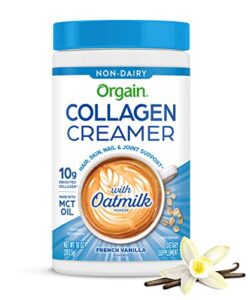 orgain collagen creamer with organic oatmilk powder, french vanilla – 10g of hydrolyzed grass-fed collagen, 1g of sugar, made with mct, avocado, and coconut oil, no dairy or soy, non-gmo, 10 oz