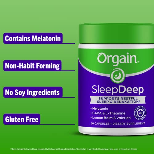 Orgain SleepDeep, Melatonin Sleep Support Supplement - Built with Magnesium, GABA, L-Theanine, L- Tryptophan, Chamomile, Lemon Balm, and Valerian Root, Doctor Formulated, Gluten Free, Soy Free, 60 ct