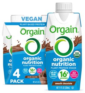 orgain organic vegan plant based nutritional shake, smooth chocolate – meal replacement, 16g protein, 22 vitamins & minerals, dairy free, gluten free, 11 fl oz (pack of 4)