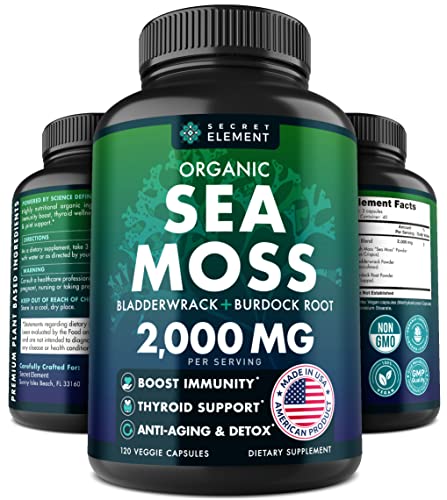 Organic Sea Moss Capsules - Burdock Root, Irish Moss and Bladderwrack Capsules for Immune System, Gut, Skin & Energy - 120 Irish SeaMoss Pills with Raw Sea Moss Powder