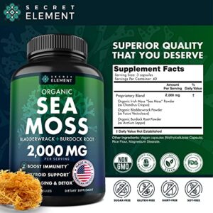 Organic Sea Moss Capsules - Burdock Root, Irish Moss and Bladderwrack Capsules for Immune System, Gut, Skin & Energy - 120 Irish SeaMoss Pills with Raw Sea Moss Powder