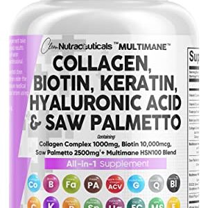 Collagen Pills 1000mg Biotin 10000mcg Keratin Saw Palmetto 2500mg Hyaluronic Acid - Hair Skin and Nails Vitamins and DHT Blocker with Vitamin E Folic Acid Pumpkin Seed MSM Made in USA - 90 Count