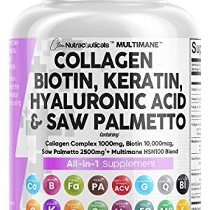 Collagen Pills 1000mg Biotin 10000mcg Keratin Saw Palmetto 2500mg Hyaluronic Acid - Hair Skin and Nails Vitamins and DHT Blocker with Vitamin E Folic Acid Pumpkin Seed MSM Made in USA - 90 Count