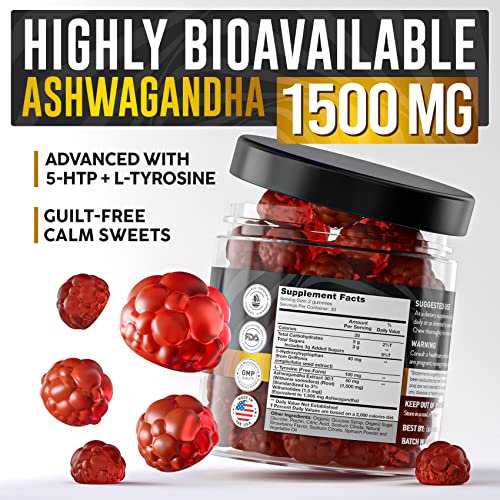 NOBLE NUTRITION Ashwagandha Gummies for Women & Men - Organic Ashwagandha Root Extract 1500 MG - Ashwagandha Supplements with 5-HTP & L-Tyrosine - 60 Calm Gummies