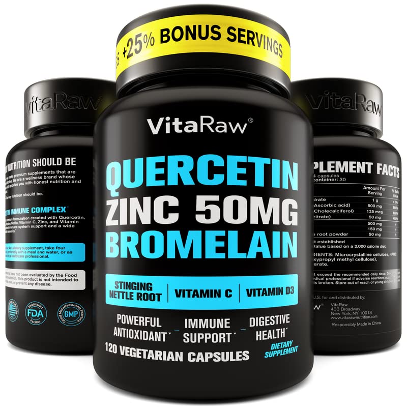 𝗪𝗜𝗡𝗡𝗘𝗥 Quercetin 500mg Supplement with Bromelain, Vitamin C, Zinc 50mg, & Vitamin D3 5000 IU - for Anti Inflammation, Immune Response, and Overall Health - 5 in 1 Immunity Health Supplement