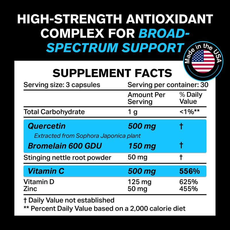 𝗪𝗜𝗡𝗡𝗘𝗥 Quercetin 500mg Supplement with Bromelain, Vitamin C, Zinc 50mg, & Vitamin D3 5000 IU - for Anti Inflammation, Immune Response, and Overall Health - 5 in 1 Immunity Health Supplement