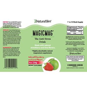 NaturalSlim Magicmag Pure Magnesium Citrate Powder – Stress, Constipation, Muscle, Heart Health, and Sleep Support | Natural Strawberry & Lime Flavored Magnesium Supplement - 8oz Drink Mix (Solo)