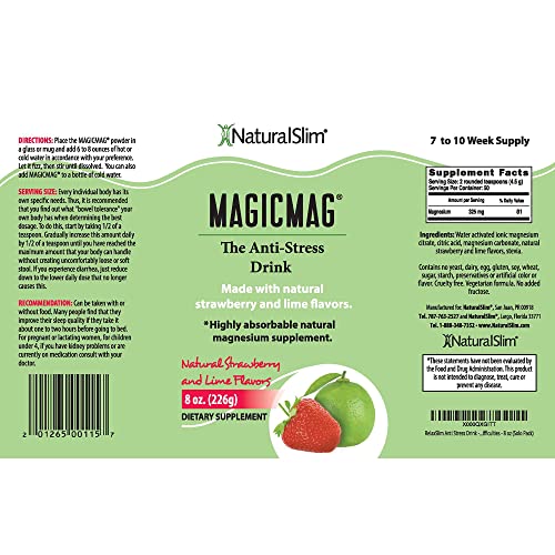 NaturalSlim Magicmag Pure Magnesium Citrate Powder – Stress, Constipation, Muscle, Heart Health, and Sleep Support | Natural Strawberry & Lime Flavored Magnesium Supplement - 8oz Drink Mix (Solo)