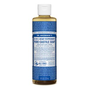 dr. bronner’s – pure-castile liquid soap (peppermint, 8 ounce) – made with organic oils, 18-in-1 uses: face, body, hair, laundry, pets and dishes, concentrated, vegan, non-gmo