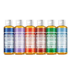 dr. bronner’s – pure-castile liquid soap (4 oz variety pack) peppermint, lavender, tea tree, eucalyptus, almond, & baby unscented – made with organic oils, 18-in-1 uses: face, body, hair, laundry, pets and dishes | 6 count