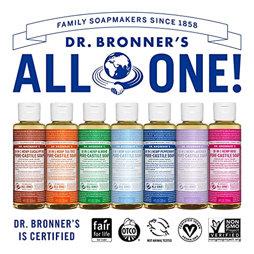 Dr. Bronner's - Pure-Castile Liquid Soap (4 oz Variety Pack) Peppermint, Lavender, Tea Tree, Eucalyptus, Almond, & Baby Unscented - Made with Organic Oils, 18-in-1 Uses: Face, Body, Hair, Laundry, Pets and Dishes | 6 Count