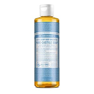 dr. bronners – pure-castile liquid soap (baby unscented, 8 ounce) – made with organic oils, 18-in-1 uses: face, hair, laundry, dishes, for sensitive skin, babies, no added fragrance, vegan, non-gmo