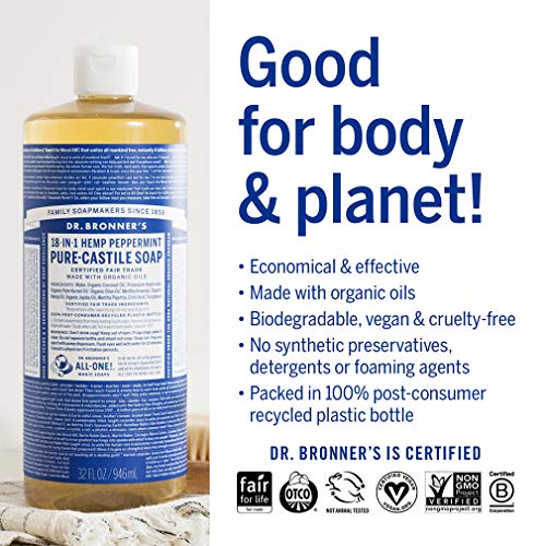 Dr. Bronner's - Pure-Castile Liquid Soap (Peppermint, 1 Gallon) - Made with Organic Oils, 18-in-1 Uses: Face, Body, Hair, Laundry, Pets and Dishes, Concentrated, Vegan, Non-GMO