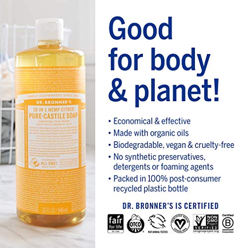 Dr. Bronner's - Pure-Castile Liquid Soap (Citrus, 16 ounce) - Made with Organic Oils, 18-in-1 Uses: Face, Body, Hair, Laundry, Pets and Dishes, Concentrated, Vegan, Non-GMO