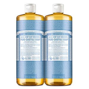dr. bronner’s – pure-castile liquid soap (baby unscented, 32 ounce, 2-pack) – made with organic oils, 18-in-1 uses: face, hair, laundry and dishes, for sensitive skin and babies, no added fragrance