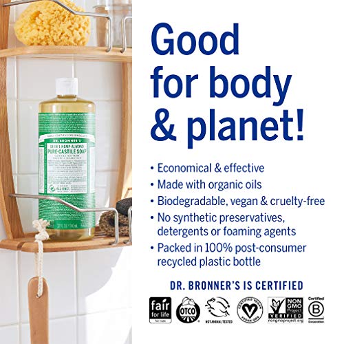 Dr. Bronner’s - Pure-Castile Liquid Soap (Almond, 1 Gallon) - Made with Organic Oils, 18-in-1 Uses: Face, Body, Hair, Laundry, Pets and Dishes, Concentrated, Vegan, Non-GMO