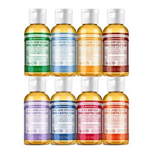 dr. bronner’s – pure-castile liquid soap (2 ounce variety gift pack) almond, unscented, citrus, eucalyptus, lavender, peppermint, rose, tea tree – made with organic oils, for face, body and hair