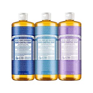 dr. bronner’s – pure-castile liquid soap (32 ounce variety 3-pack) peppermint, baby unscented, lavender – made with organic oils, 18-in-1 uses: face, body, hair, laundry, concentrated, vegan