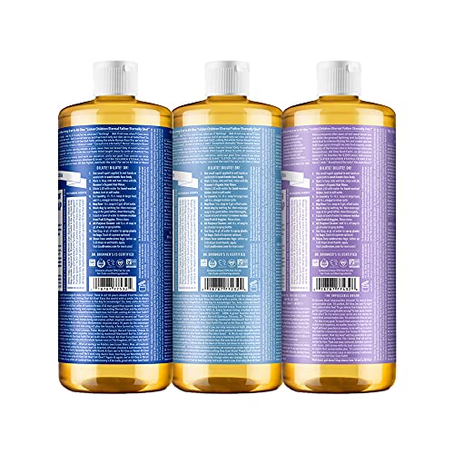 Dr. Bronner's - Pure-Castile Liquid Soap (32 Ounce Variety 3-Pack) Peppermint, Baby Unscented, Lavender - Made with Organic Oils, 18-in-1 Uses: Face, Body, Hair, Laundry, Concentrated, Vegan