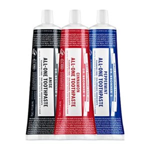 dr. bronner’s – all-one toothpaste (3-pack variety) 5 ounce peppermint, cinnamon, anise – 70% organic ingredients, natural and effective, fluoride-free, sls-free, helps freshen breath, reduce plaque