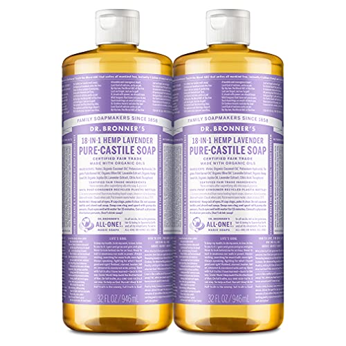 Dr. Bronner’s - Pure-Castile Liquid Soap (Lavender, 32 ounce, 2-Pack) - Made with Organic Oils, 18-in-1 Uses: Face, Body, Hair, Laundry, Pets and Dishes, Concentrated, Vegan, Non-GMO
