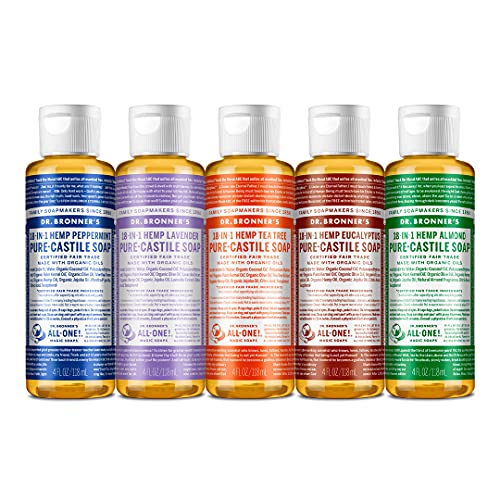 Dr. Bronner's - Pure-Castile Liquid Soap (4 Ounce Variety Pack) Peppermint, Lavender, Tea Tree, Eucalyptus, Almond - Made with Organic Oils, 18-in-1 Uses: Face, Body, Hair, Laundry, Pets and Dishes