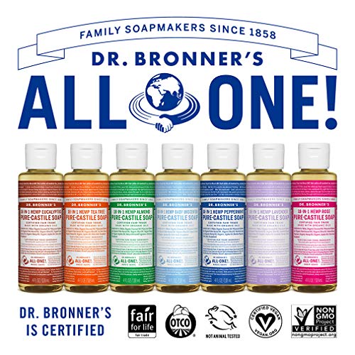 Dr. Bronner's - Pure-Castile Liquid Soap (4 Ounce Variety Pack) Peppermint, Lavender, Tea Tree, Eucalyptus, Almond - Made with Organic Oils, 18-in-1 Uses: Face, Body, Hair, Laundry, Pets and Dishes