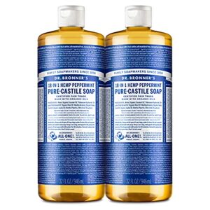 dr. bronner’s – pure-castile liquid soap (peppermint, 32 ounce, 2-pack) – made with organic oils, 18-in-1 uses: face, body, hair, laundry, pets and dishes, concentrated, vegan, non-gmo