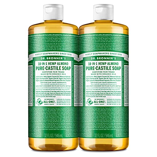 Dr. Bronner's - Pure-Castile Liquid Soap (Almond, 32 Ounce, 2-Pack) - Made with Organic Oils, 18-in-1 Uses: Face, Body, Hair, Laundry, Pets and Dishes, Concentrated, Vegan, Non-GMO