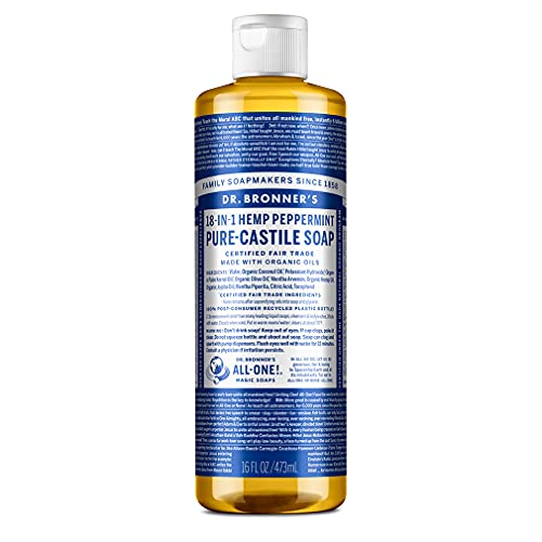 Dr. Bronner’s - Pure-Castile Liquid Soap (Peppermint, 16 ounce) - Made with Organic Oils, 18-in-1 Uses: Face, Body, Hair, Laundry, Pets and Dishes, Concentrated, Vegan, Non-GMO