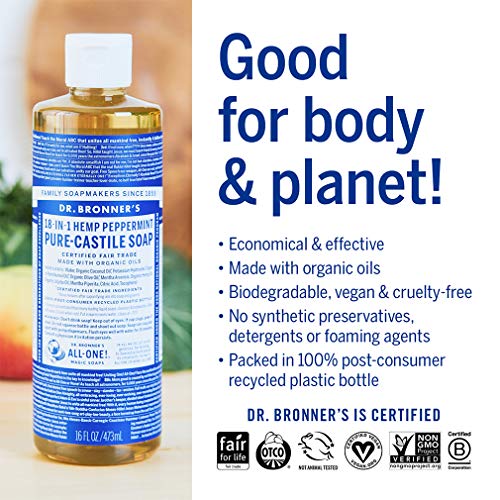 Dr. Bronner’s - Pure-Castile Liquid Soap (Peppermint, 16 ounce) - Made with Organic Oils, 18-in-1 Uses: Face, Body, Hair, Laundry, Pets and Dishes, Concentrated, Vegan, Non-GMO