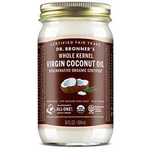 dr. bronner’s – organic virgin coconut oil (whole kernel, 14 ounce) – coconut oil for cooking, baking, hair & body, unrefined & fresh-pressed, rich & nutty flavor, fair trade, vegan, non-gmo