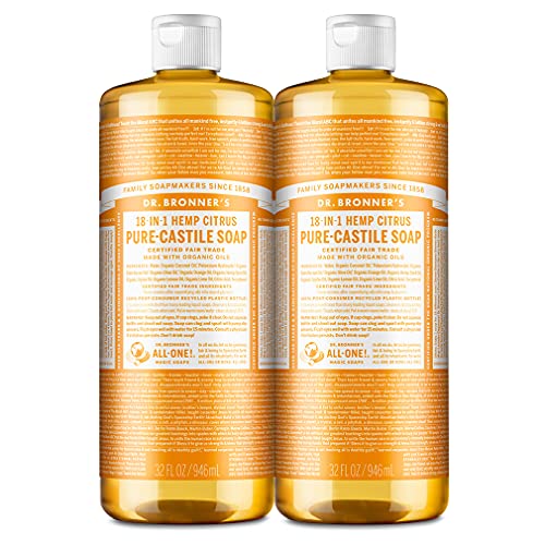 Dr. Bronner’s - Pure-Castile Liquid Soap (Citrus, 32 ounce, 2-Pack) - Made with Organic Oils, 18-in-1 Uses: Face, Body, Hair, Laundry, Pets and Dishes, Concentrated, Vegan, Non-GMO