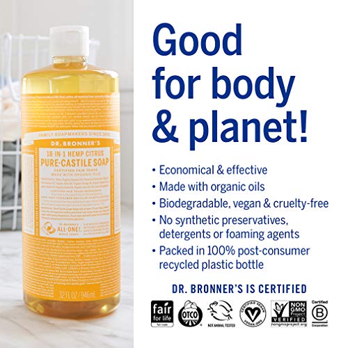 Dr. Bronner’s - Pure-Castile Liquid Soap (Citrus, 32 ounce, 2-Pack) - Made with Organic Oils, 18-in-1 Uses: Face, Body, Hair, Laundry, Pets and Dishes, Concentrated, Vegan, Non-GMO