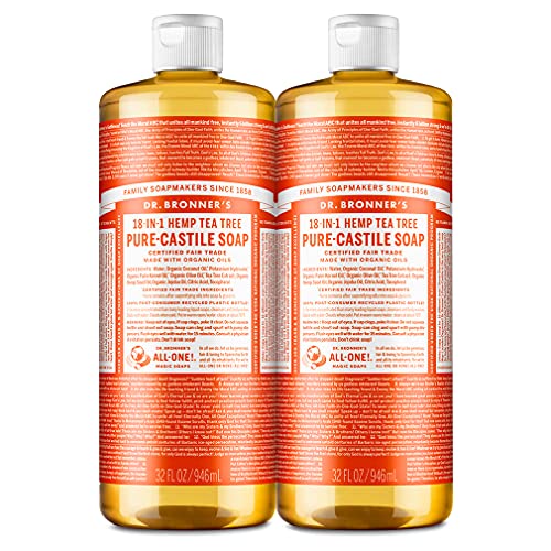 Dr. Bronner’s - Pure-Castile Liquid Soap (Tea Tree, 32 ounce, 2-Pack) - Made with Organic Oils, 18-in-1 Uses: Acne-Prone Skin, Dandruff, Laundry, Pets and Dishes, Concentrated, Vegan