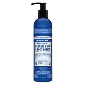 dr. bronner’s – organic lotion (peppermint, 8 ounce) – body lotion and moisturizer, certified organic, soothing for hands, face and body, highly emollient, nourishes and hydrates, vegan, non-gmo