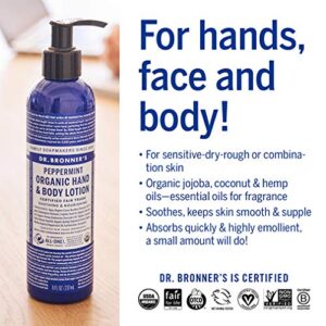 Dr. Bronner's - Organic Lotion (Peppermint, 8 Ounce) - Body Lotion and Moisturizer, Certified Organic, Soothing for Hands, Face and Body, Highly Emollient, Nourishes and Hydrates, Vegan, Non-GMO