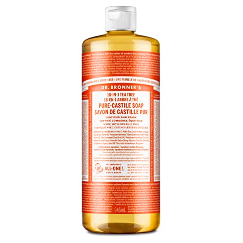 Dr. Bronner’s - Pure-Castile Liquid Soap (Tea Tree, 32 ounce) - Made with Organic Oils, 18-in-1 Uses: Acne-Prone Skin, Dandruff, Laundry, Pets and Dishes, Concentrated, Vegan, Non-GMO