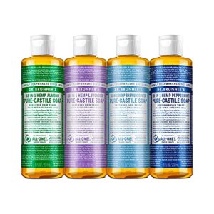 dr. bronner’s – pure-castile liquid soap (8 oz variety pack) peppermint, lavender, almond & baby unscented – made with organic oils, 18-in-1 uses: face, body, hair, laundry, pets and dishes | 4 count