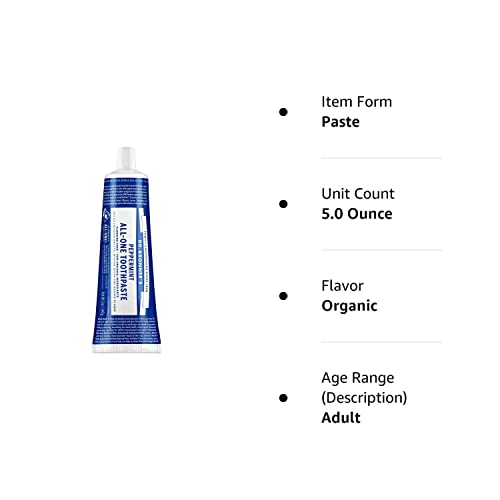 Dr. Bronner’s - All-One Toothpaste (Peppermint, 5 ounce) - 70% Organic Ingredients, Natural and Effective, Fluoride-Free, SLS-Free, Helps Freshen Breath, Reduce Plaque, Whiten Teeth, Vegan