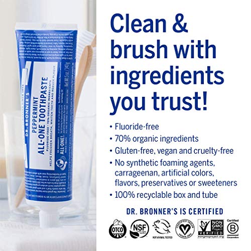 Dr. Bronner’s - All-One Toothpaste (Peppermint, 5 ounce) - 70% Organic Ingredients, Natural and Effective, Fluoride-Free, SLS-Free, Helps Freshen Breath, Reduce Plaque, Whiten Teeth, Vegan