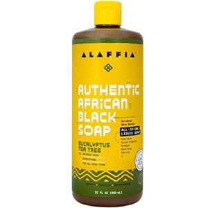 alaffia skin care, authentic african black soap, all in one liquid soap, acne face wash, moisturizing body wash, shampoo, shaving soap, shea butter, eucalyptus tea tree , 32 fl oz