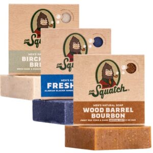 dr. squatch all natural bar soap for men, 3 bar variety pack, wood barrel bourbon, fresh falls, birchwood breeze – natural men’s bar soap