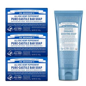 dr. bronner’s – gift set: 3 peppermint soaps and 1 unscented shaving soap – certified organic, cleanses and moisturizes, versatile, use on face, body, hair and more, non-gmo, vegan (4-pack)