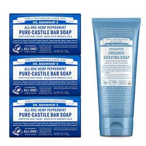 Dr. Bronner's - Gift Set: 3 Peppermint Soaps and 1 Unscented Shaving Soap - Certified Organic, Cleanses and Moisturizes, Versatile, Use on Face, Body, Hair and More, Non-GMO, Vegan (4-Pack)