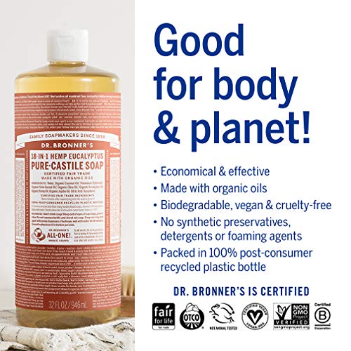 Dr. Bronner's - Pure-Castile Liquid Soap (Eucalyptus, 1 Gallon) - Made with Organic Oils, 18-in-1 Uses: Face, Body, Hair, Laundry, Pets and Dishes, Concentrated, Vegan, Non-GMO