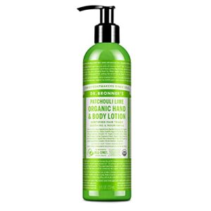 dr. bronner’s – organic lotion (patchouli lime, 8 ounce) – body lotion and moisturizer, certified organic, soothing for hands, face and body, highly emollient, nourishes and hydrates, vegan, non-gmo