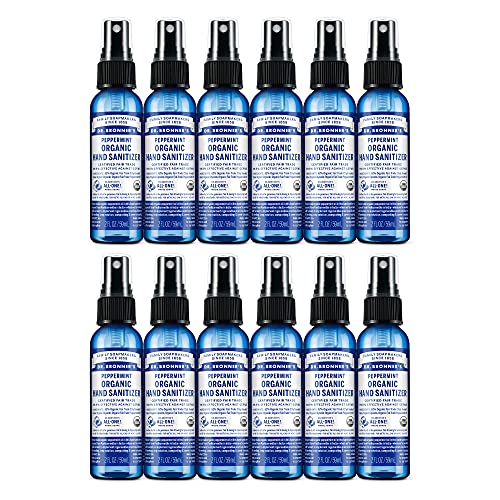 Dr. Bronner's - Organic Hand Sanitizer Spray (Peppermint, 2 Ounce, 12-Pack) - Simple & Effective Formula, Cleanses & Sanitizes, No Harsh Chemicals, Moisturizes & Cleans Hands